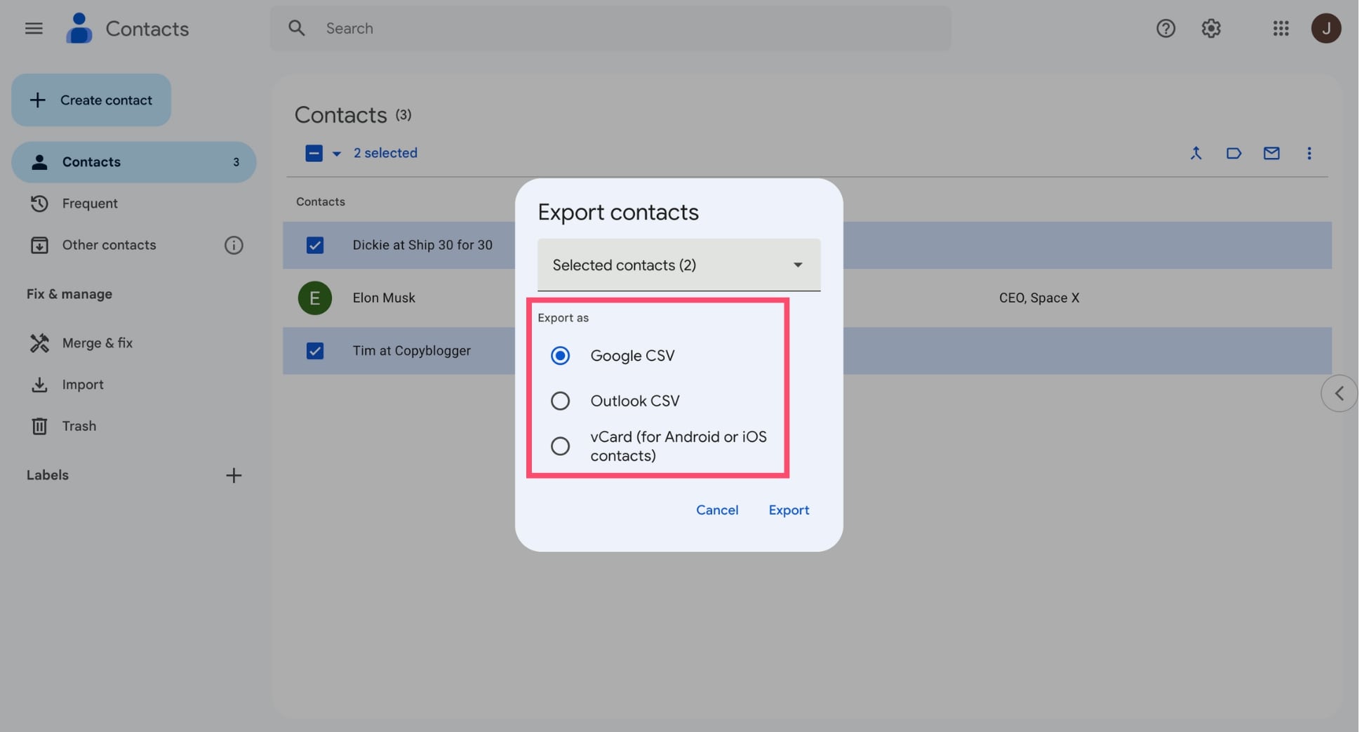 Choose the right format to export your Gmail contacts