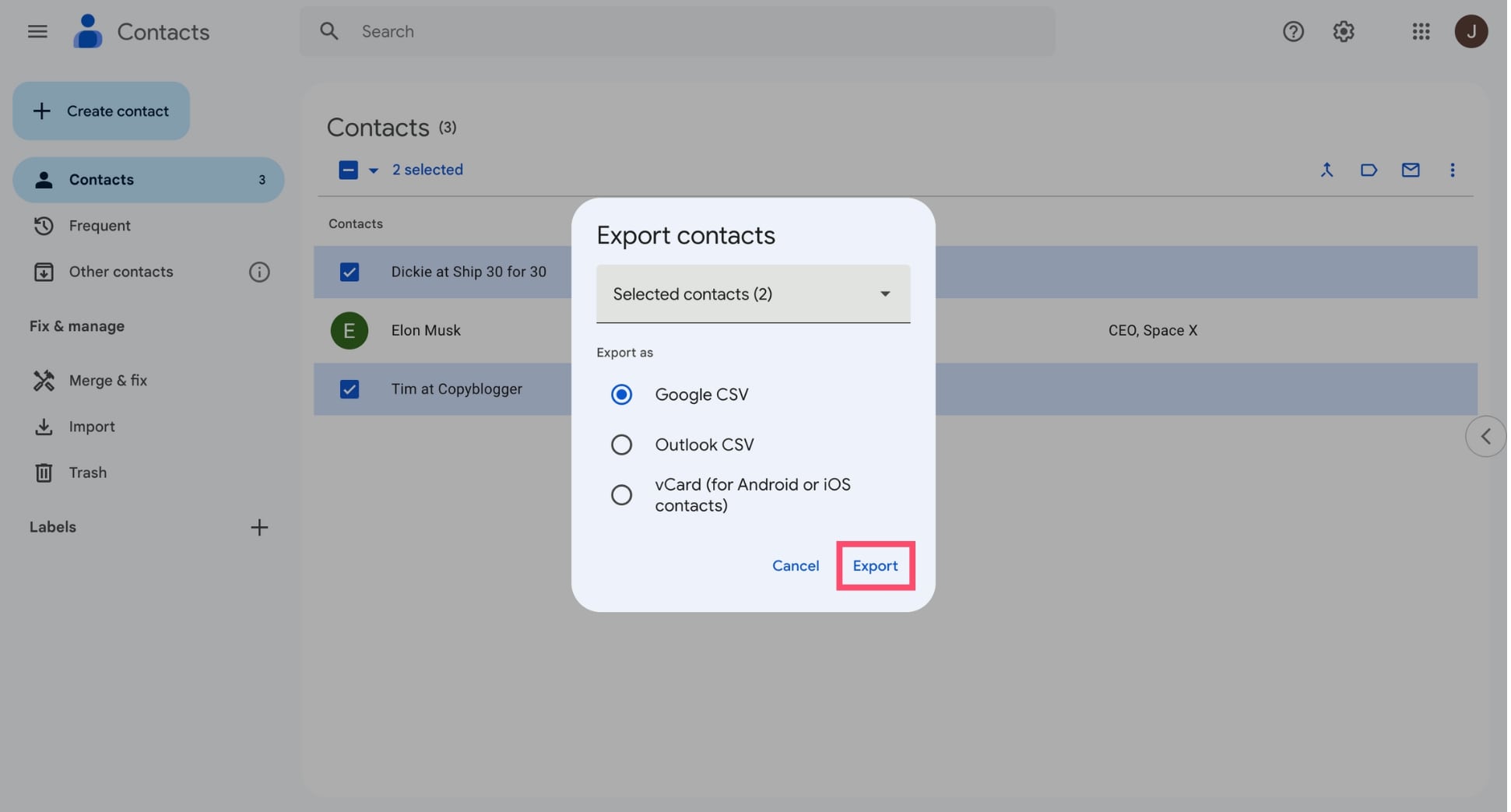 Export your contacts from Gmail