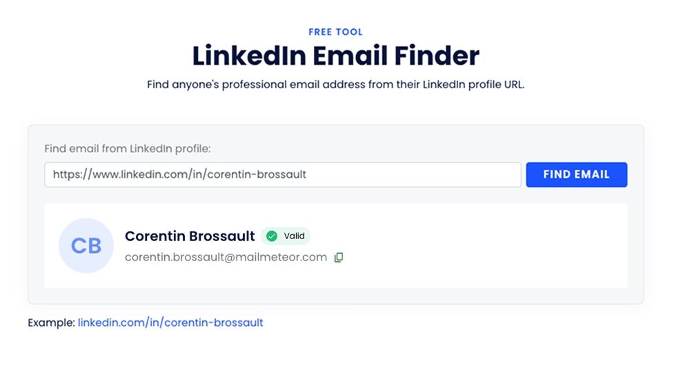 Screenshot of your LinkedIn Email Finder input box with a sample URL.