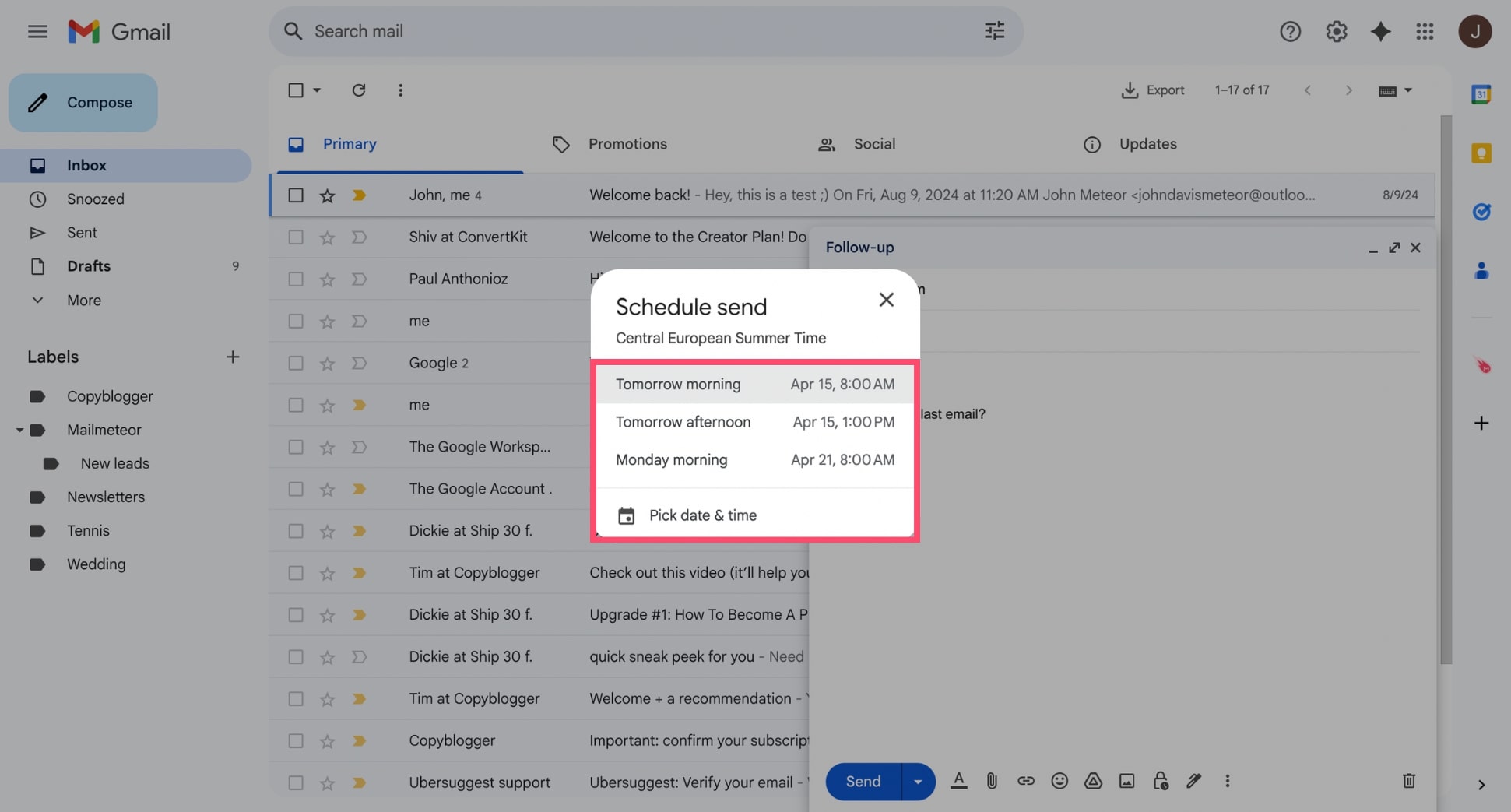 Pick a date and time in Gmail