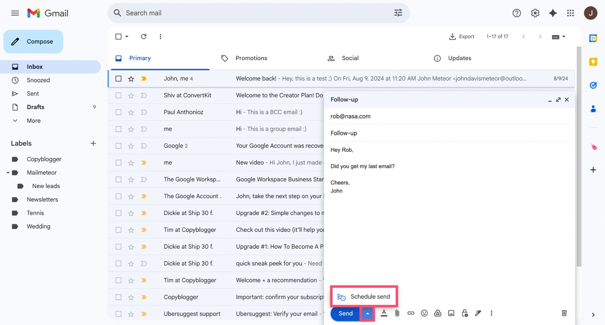 Schedule send in Gmail