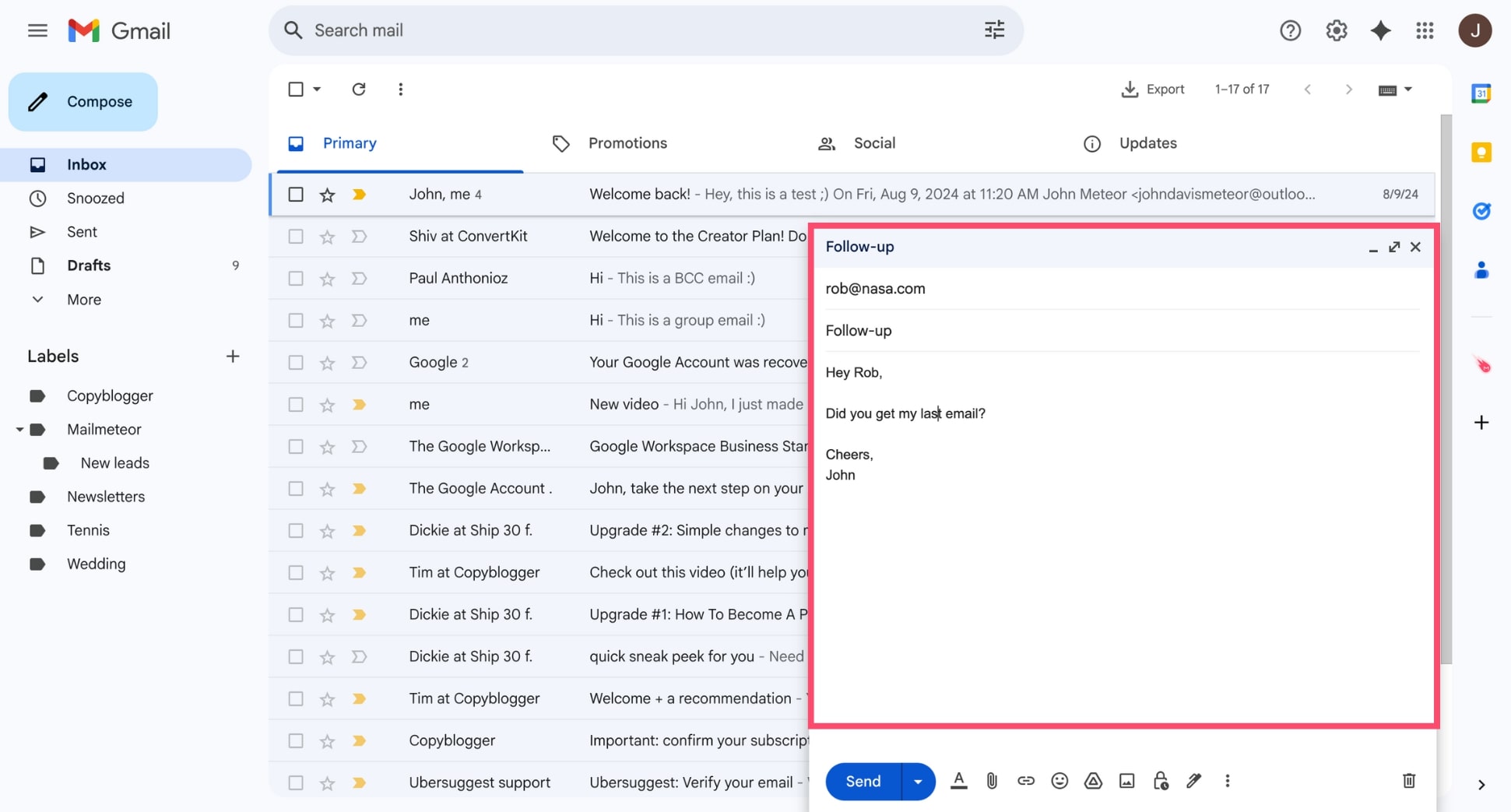 Write a follow-up message in Gmail