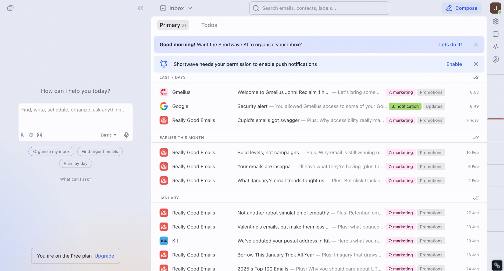 Shortwave email client interface