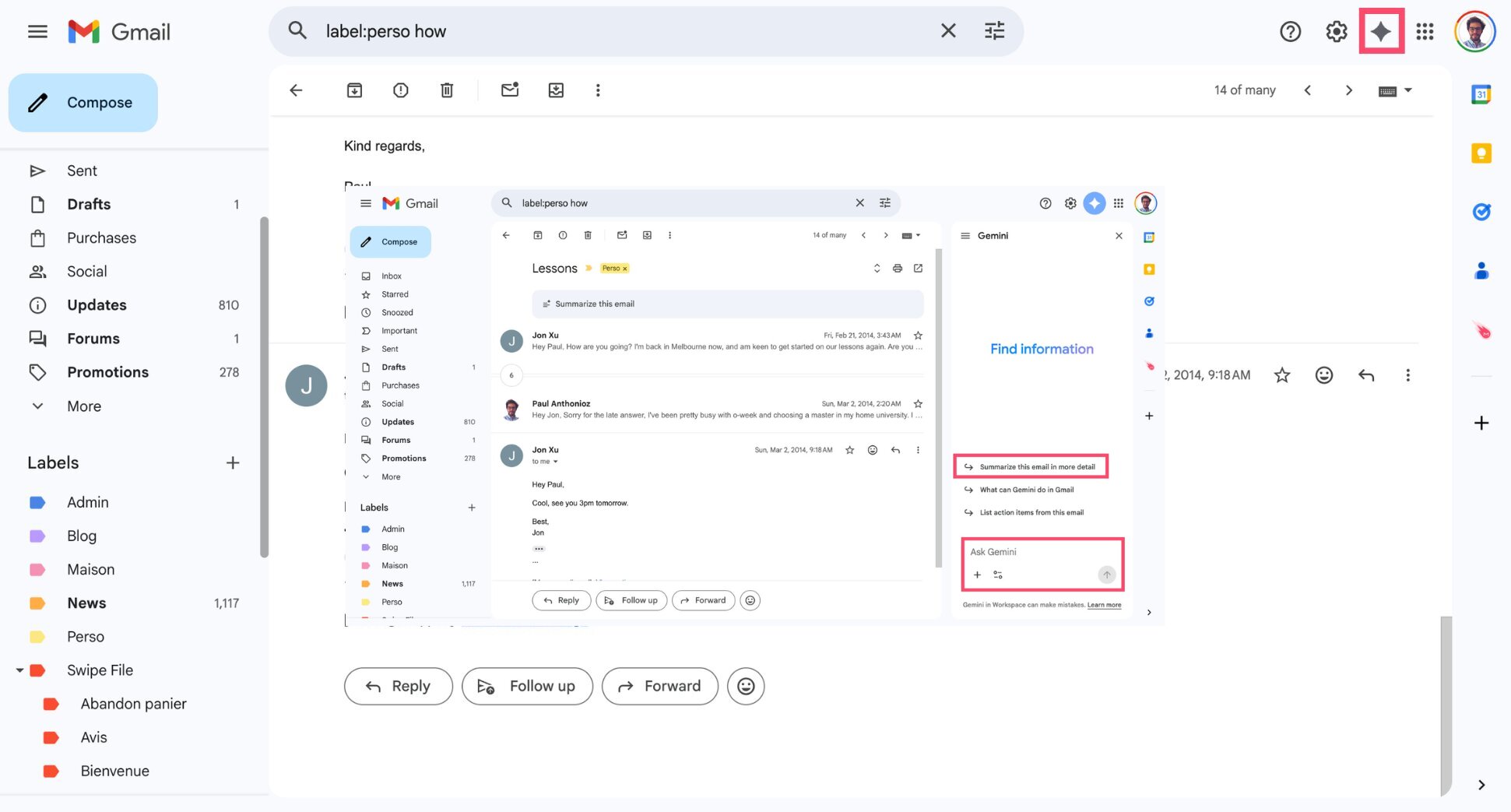 Gemini icon in Gmail used to open the AI assistant panel