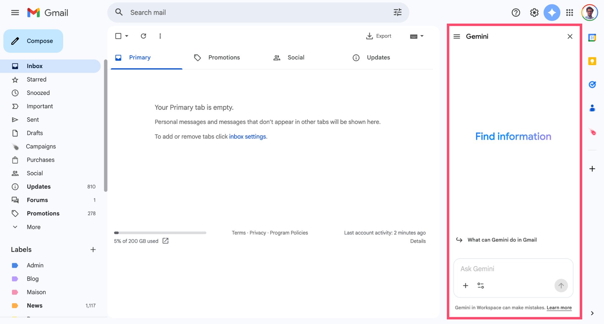Opening the Gemini side panel in Gmail