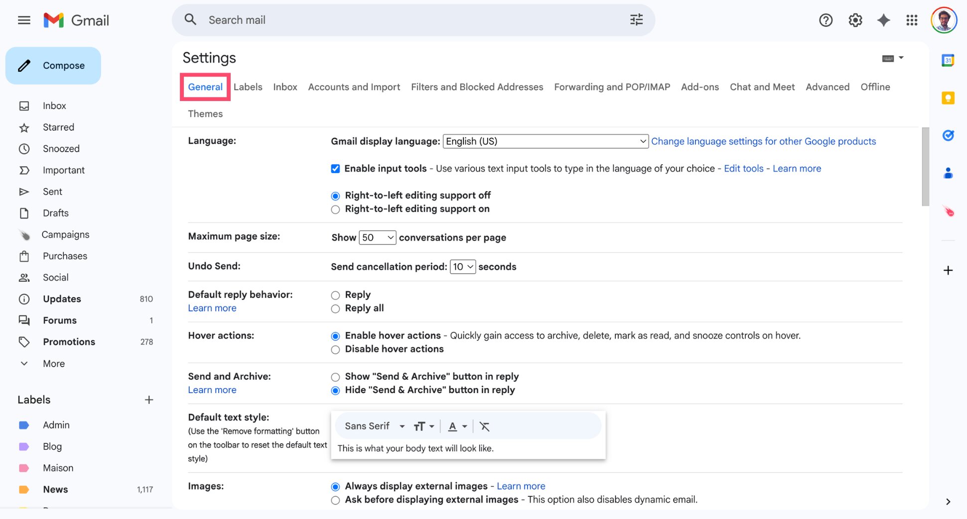 Gmail settings page showing the General tab