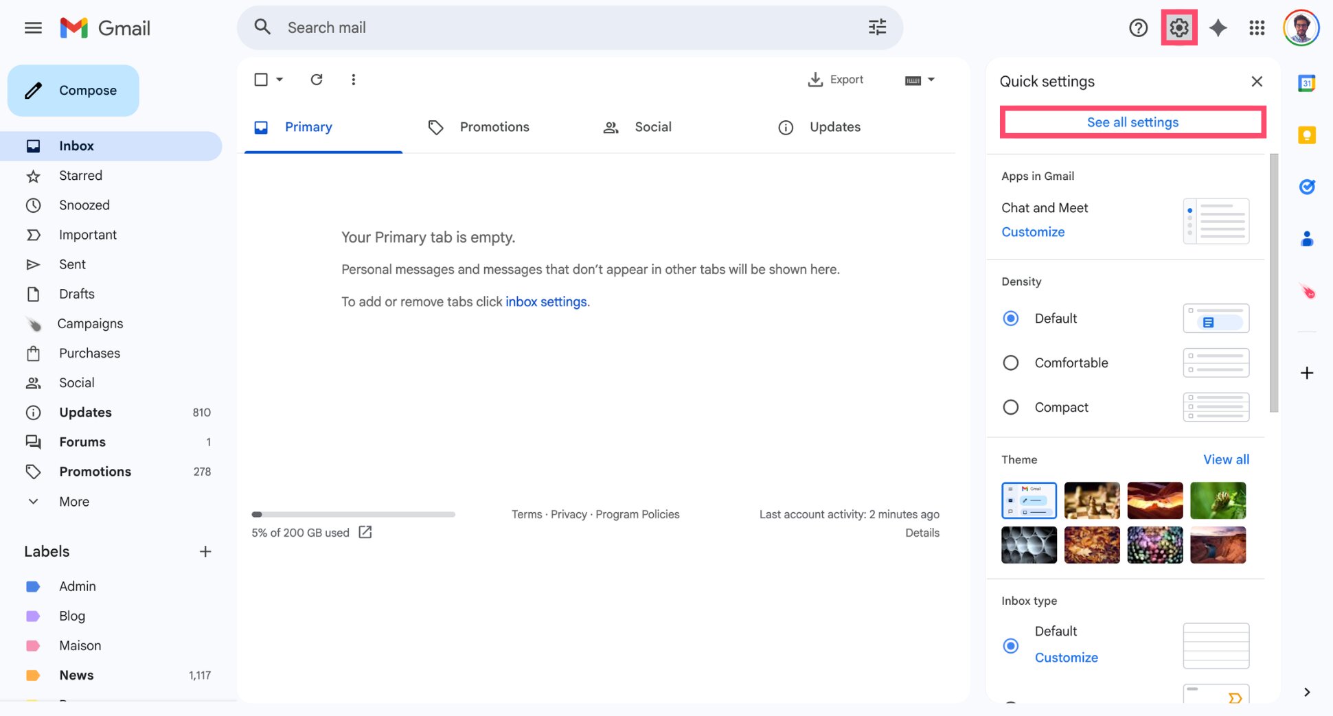 Opening Gmail settings to access advanced configuration options
