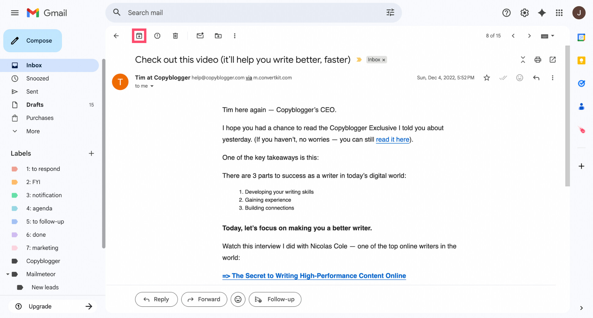 Archive an email in Gmail