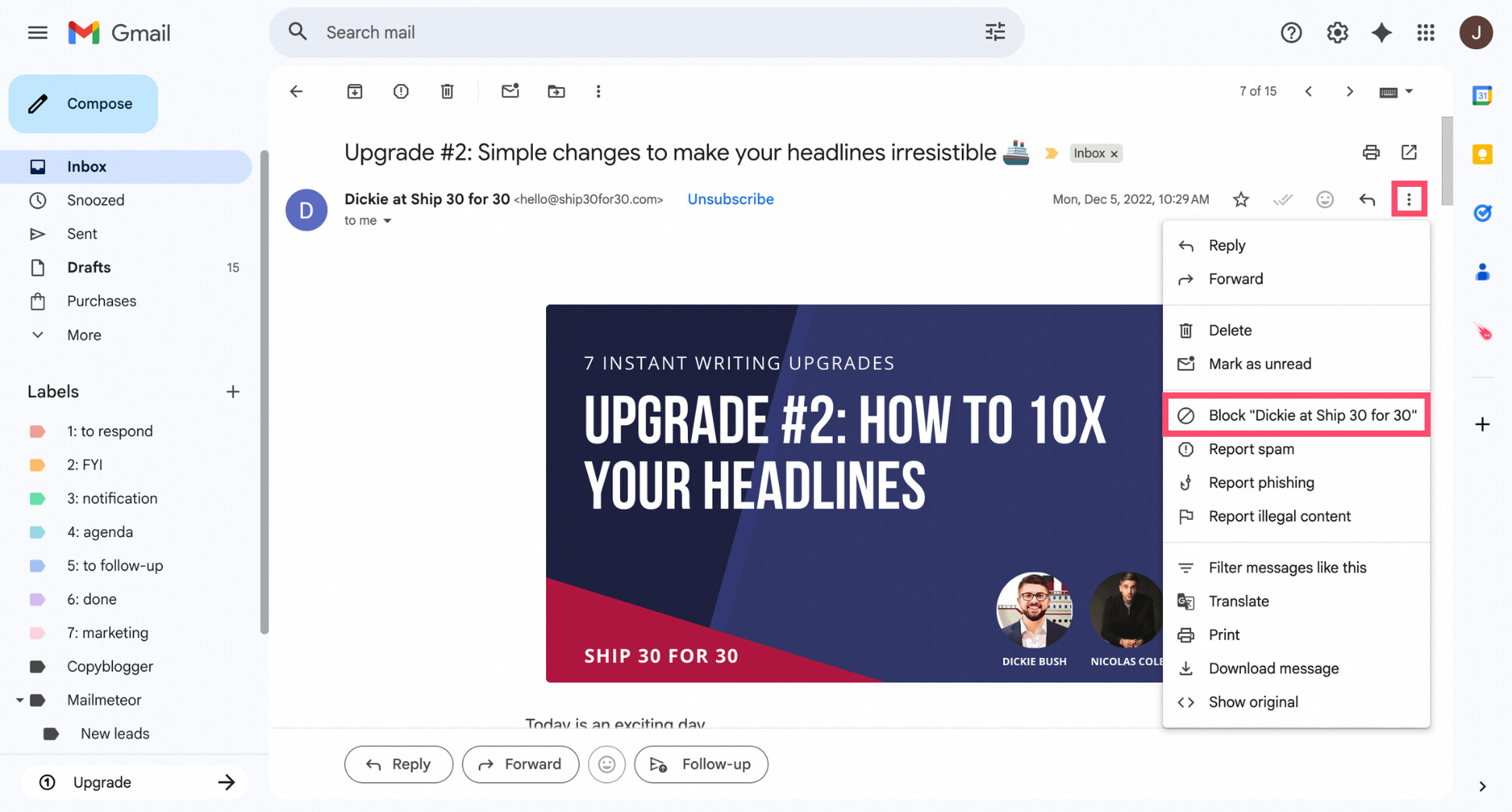 Block a sender in Gmail