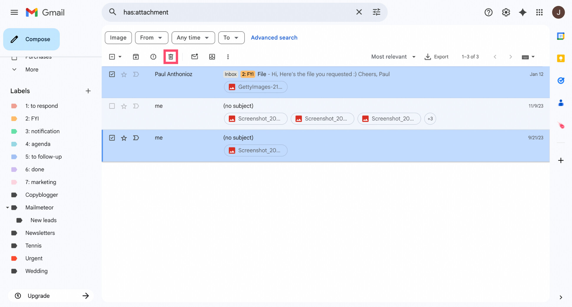 Delete emails with large attachments in Gmail