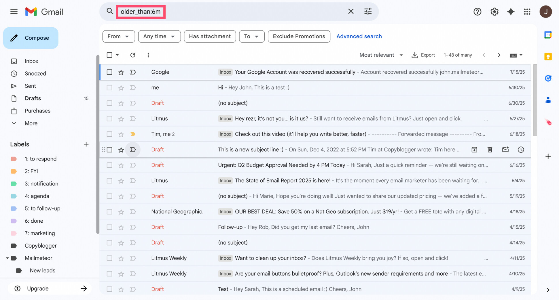 Gmail search bar with date-based search filters