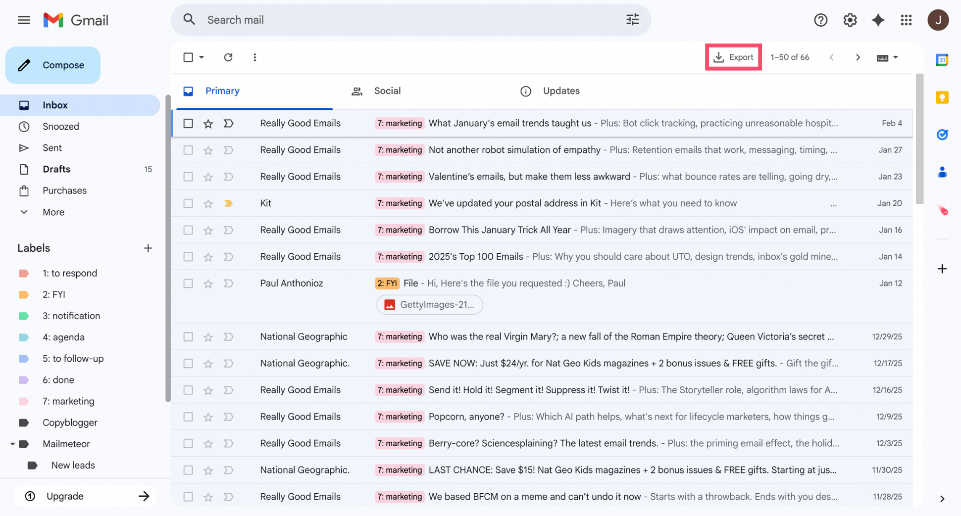 Mailmeteor export button in Gmail