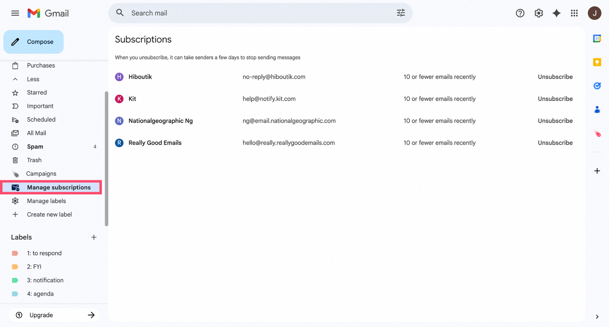 Gmail’s Manage subscriptions view