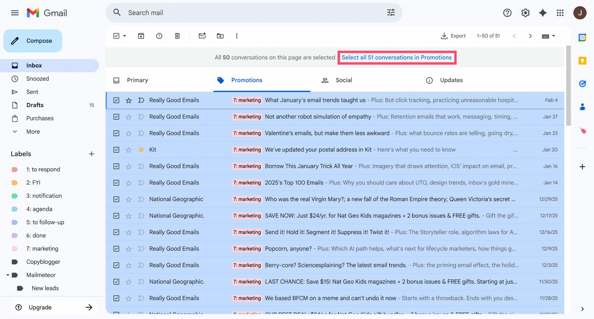 Select all conversations in Gmail Promotions