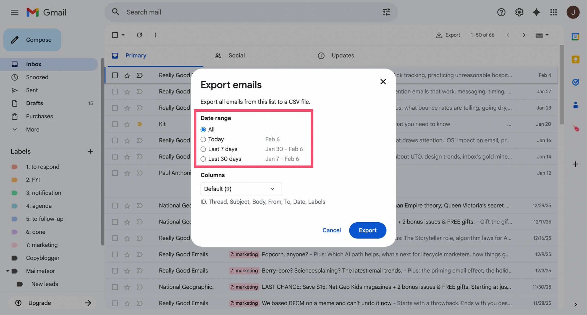 Select date range for Gmail export