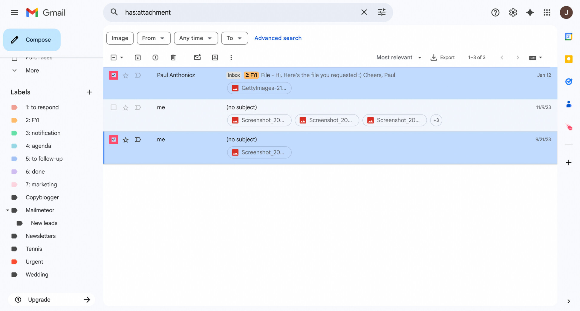 Select emails with large attachments in Gmail