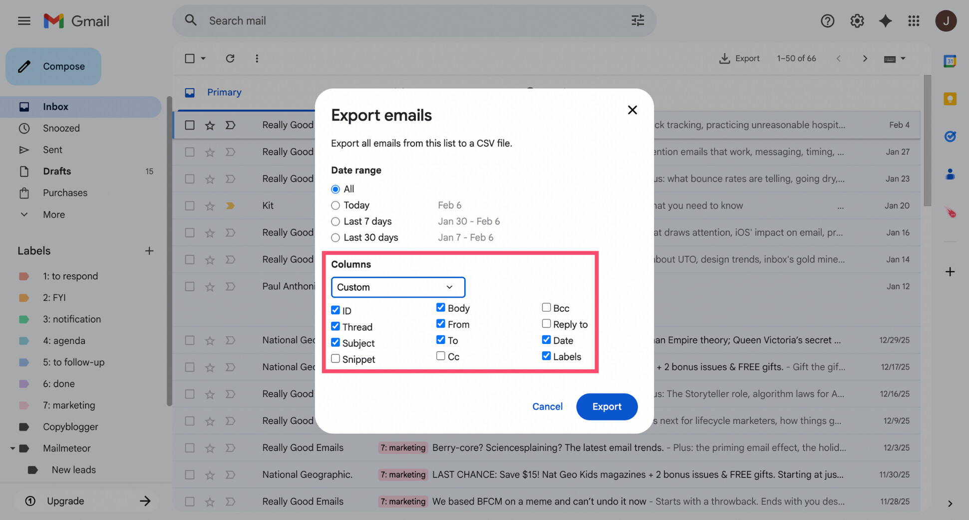 Choose email fields to export from Gmail