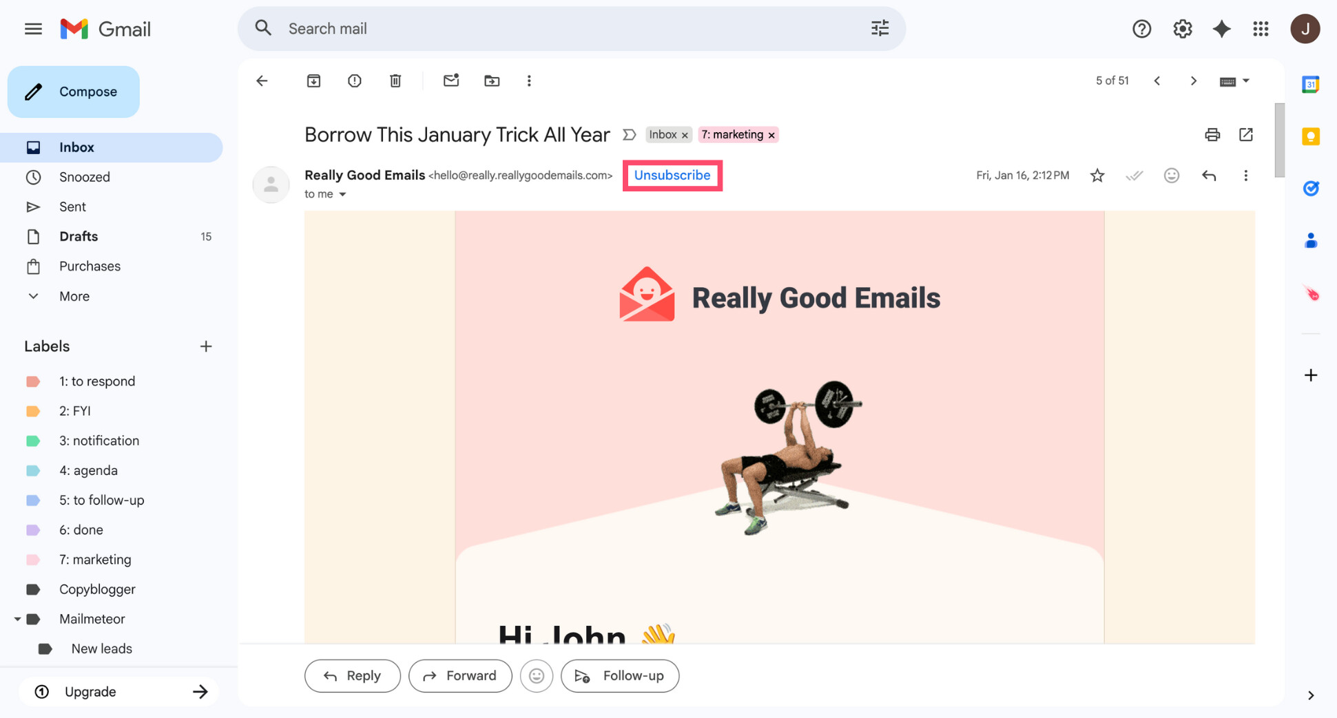 Gmail unsubscribe button at top of email