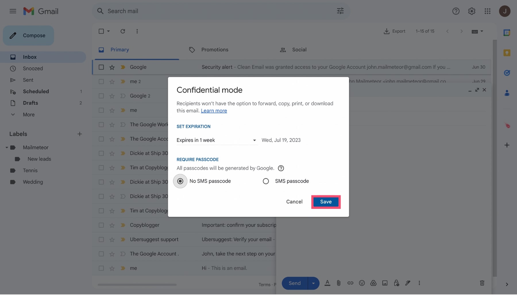 Settings of the Gmail confidential mode
