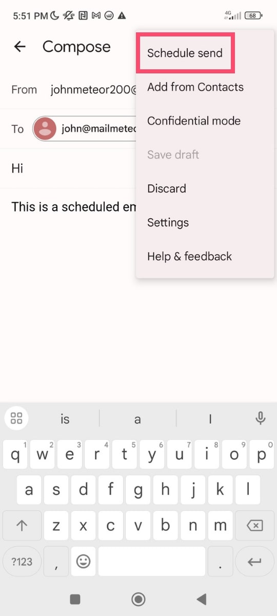 Schedule send on the Gmail app