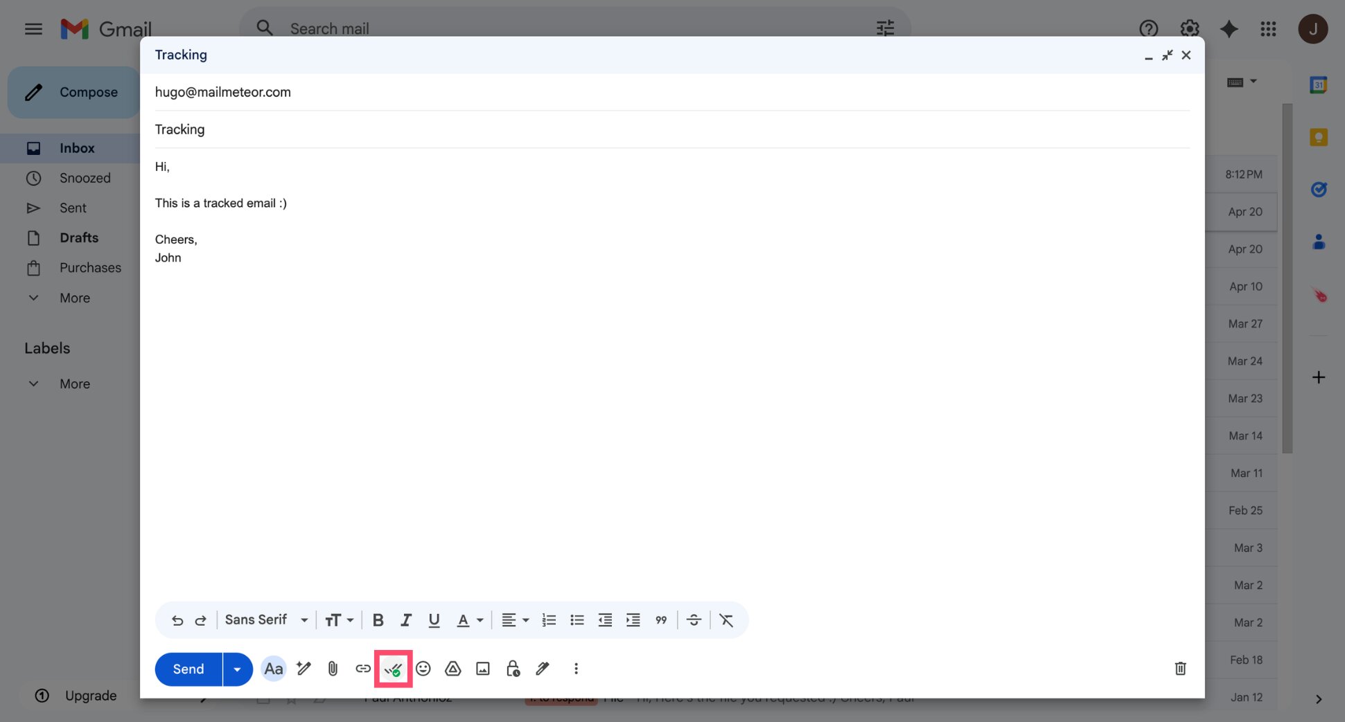 Enable email tracking in Gmail by clicking the tracking icon in the compose toolbar