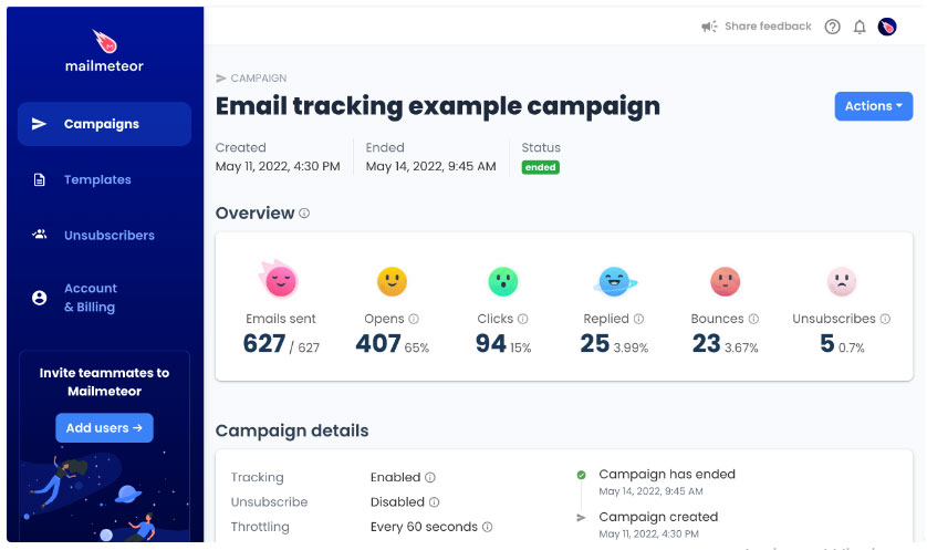 Campaign analytics in the Mailmeteor dashboard showing Gmail email opens, clicks, replies, and bounce data