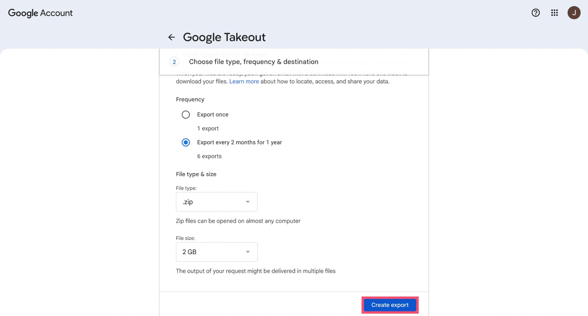 Create Gmail export in Google Takeout