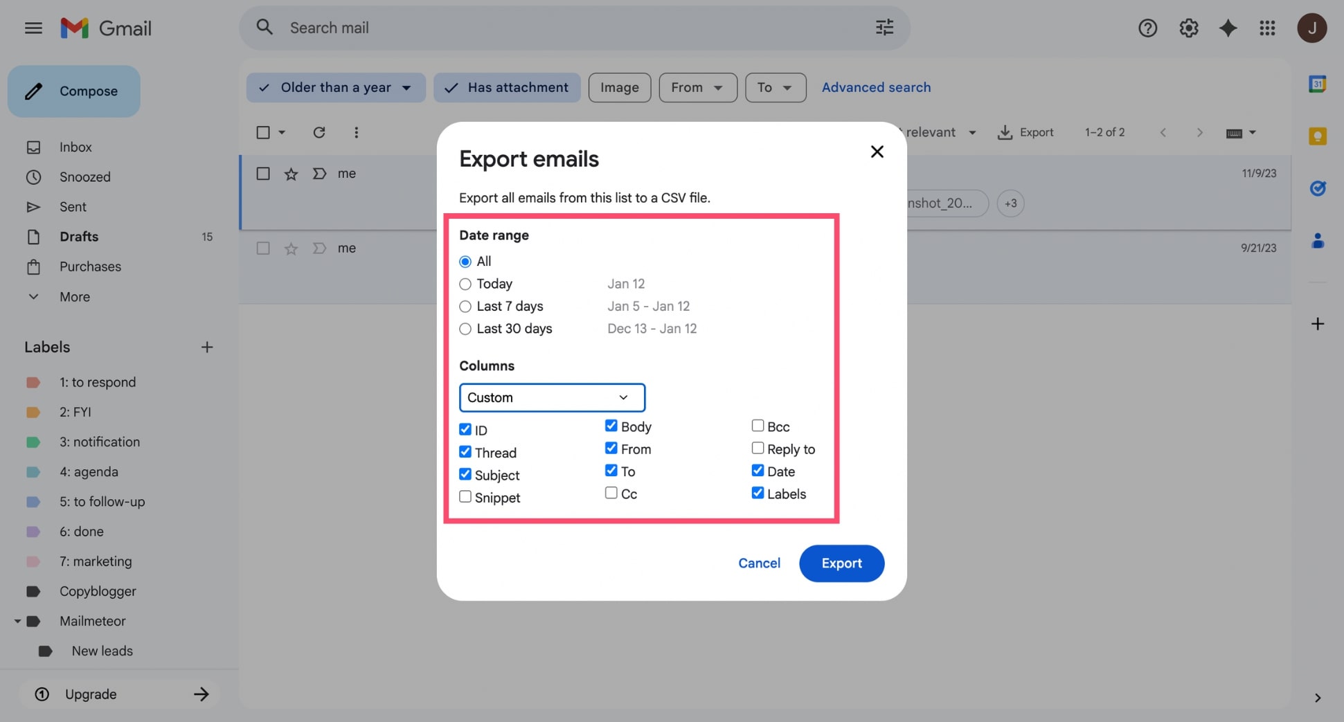 Customize export fields in Gmail