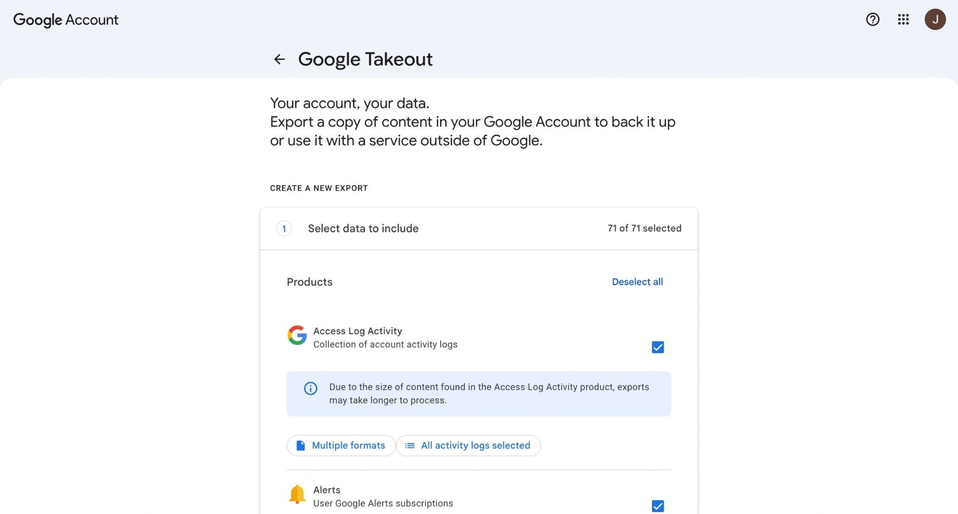 Deselect all Google data in Google Takeout
