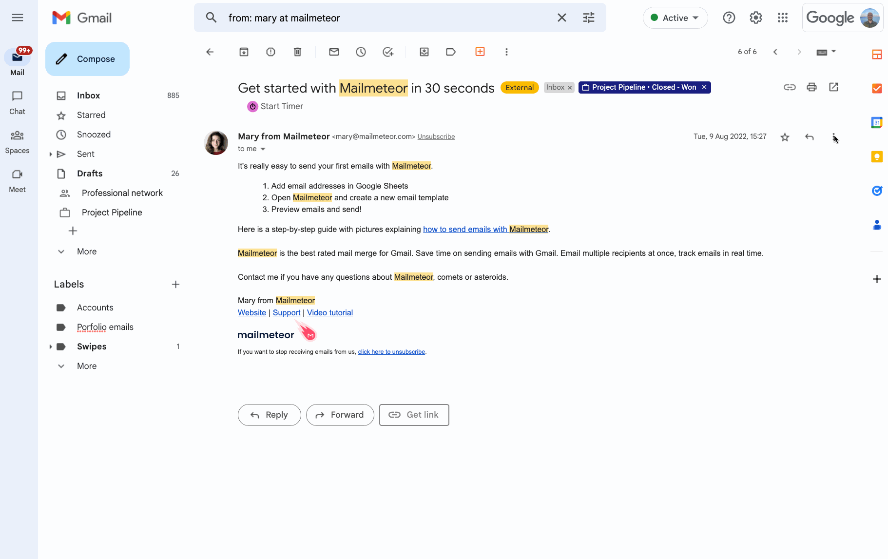 Gif of download an email in Gmail as a PDF