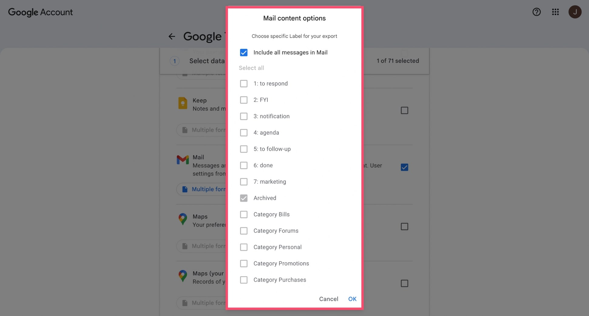 Choose specific Gmail labels or export all mail in Google Takeout