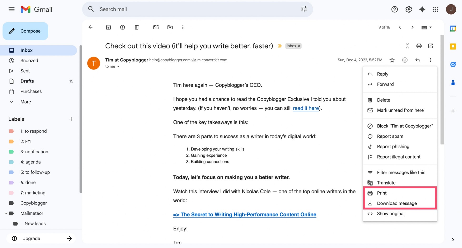 Print an email as PDF or download it as an .eml file