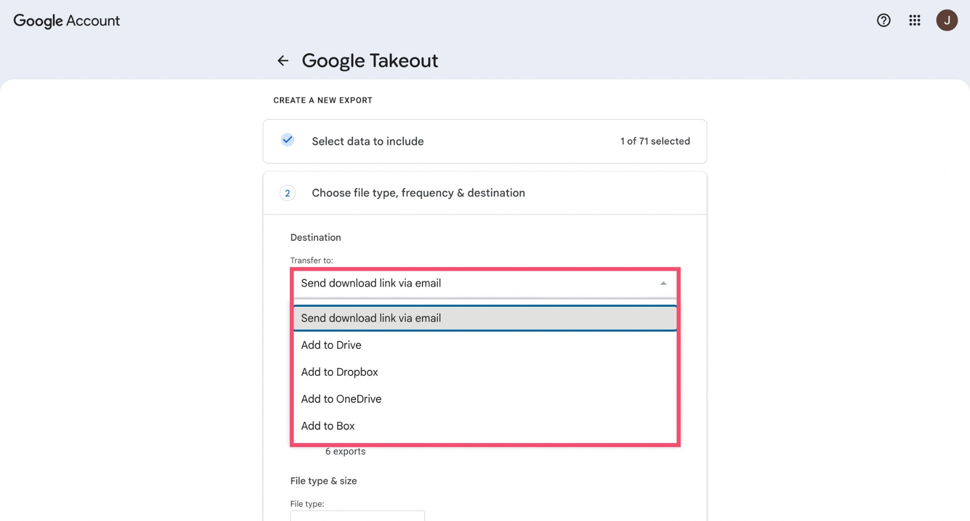Choose Gmail export delivery method in Google Takeout