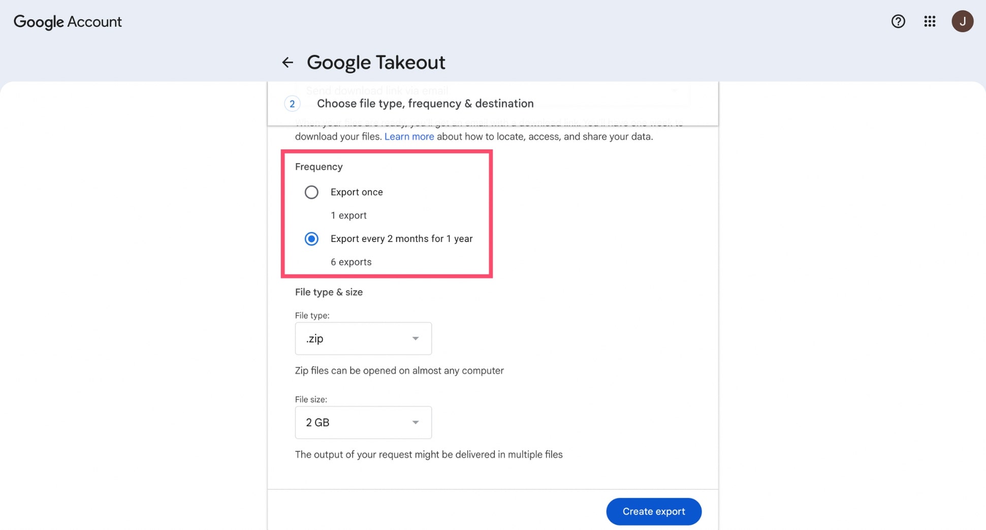 Schedule recurring Gmail exports in Google Takeout