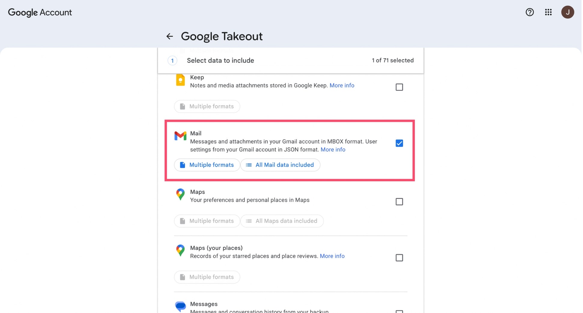 Select Mail data in Google Takeout