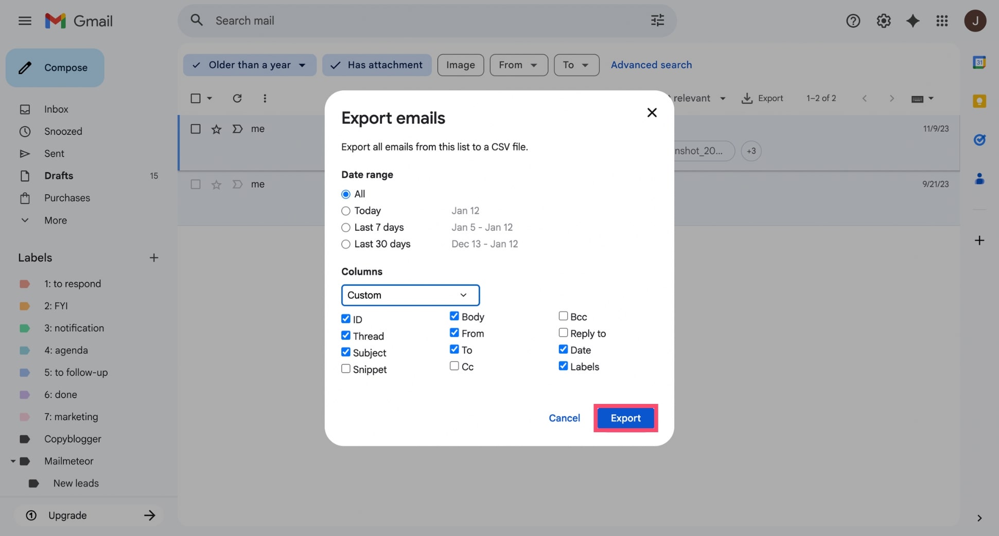 Start Gmail export