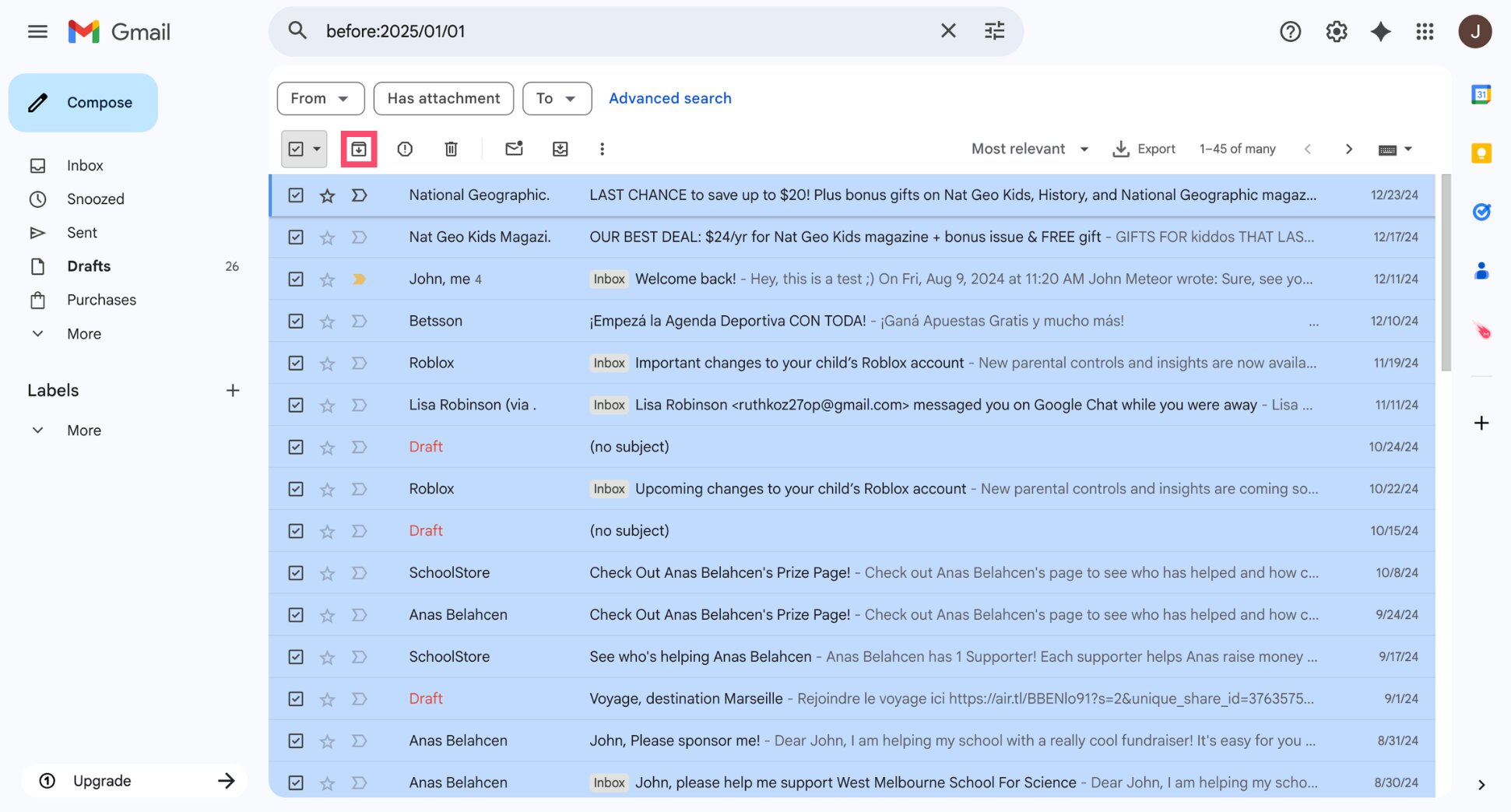 Gmail toolbar with the Archive button highlighted