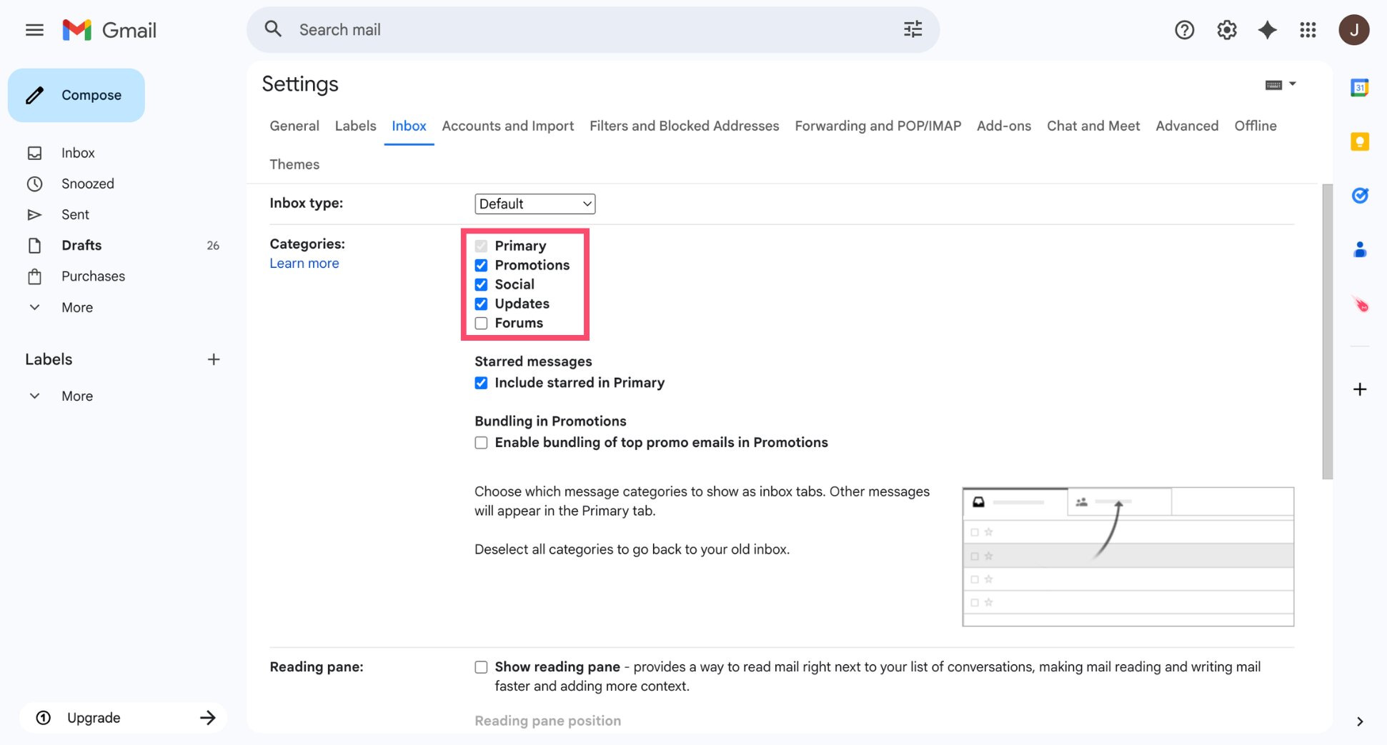 Gmail inbox settings showing Categories checkboxes for Promotions, Social and Updates
