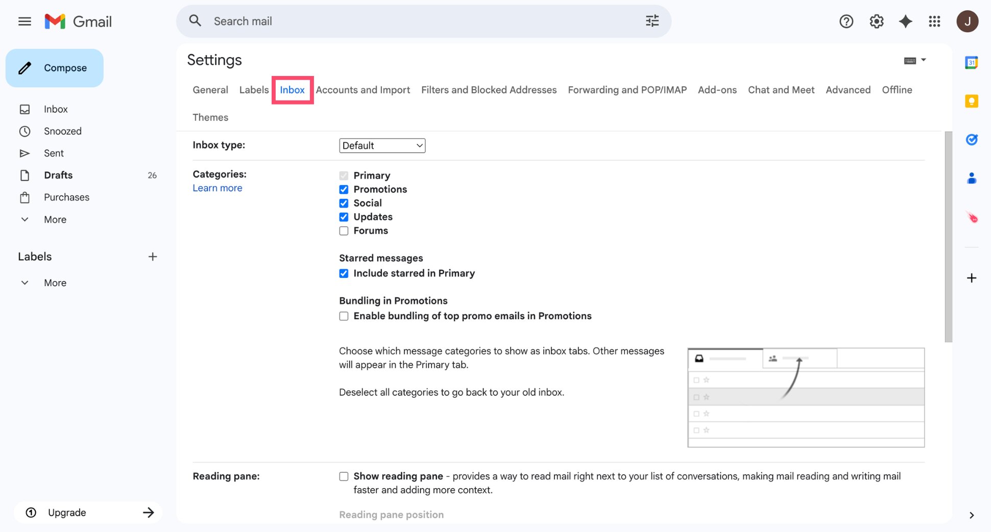 Gmail settings panel with the Inbox tab selected