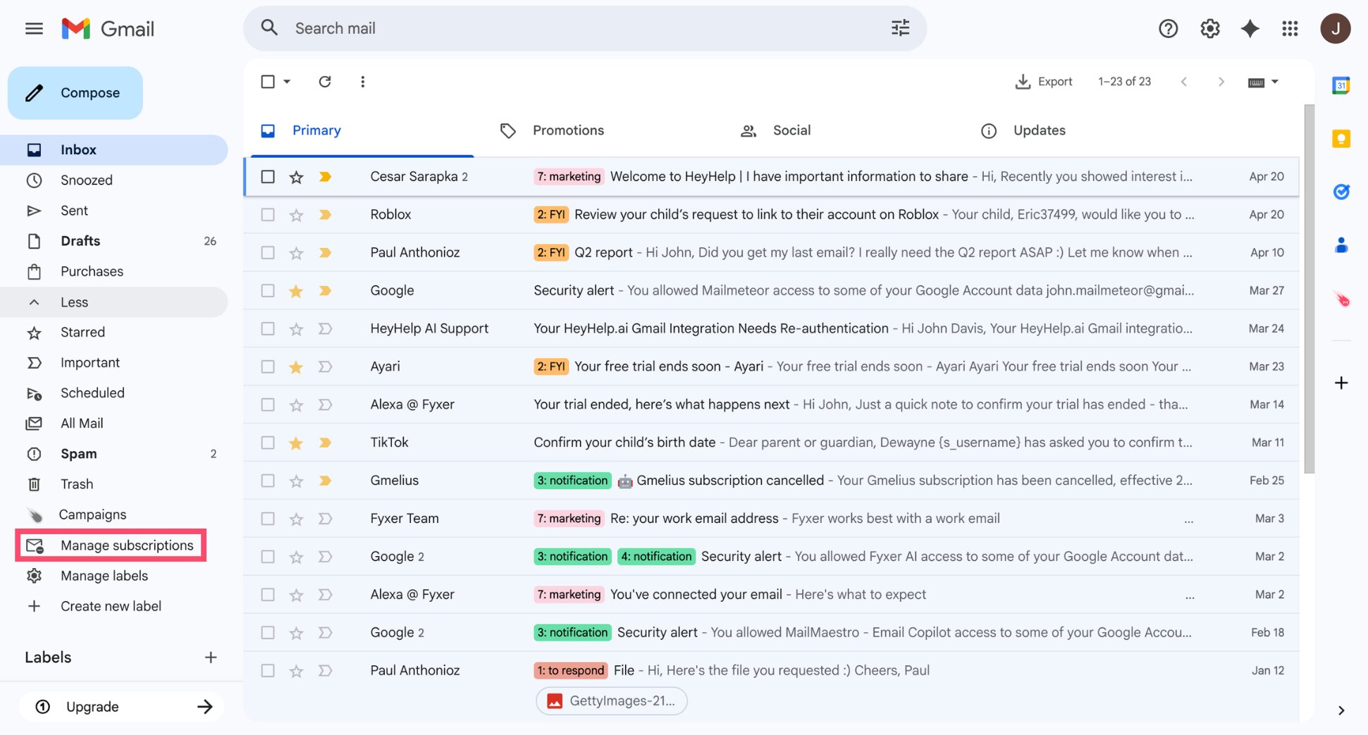 Gmail left sidebar showing the More menu expanded with Manage subscriptions option