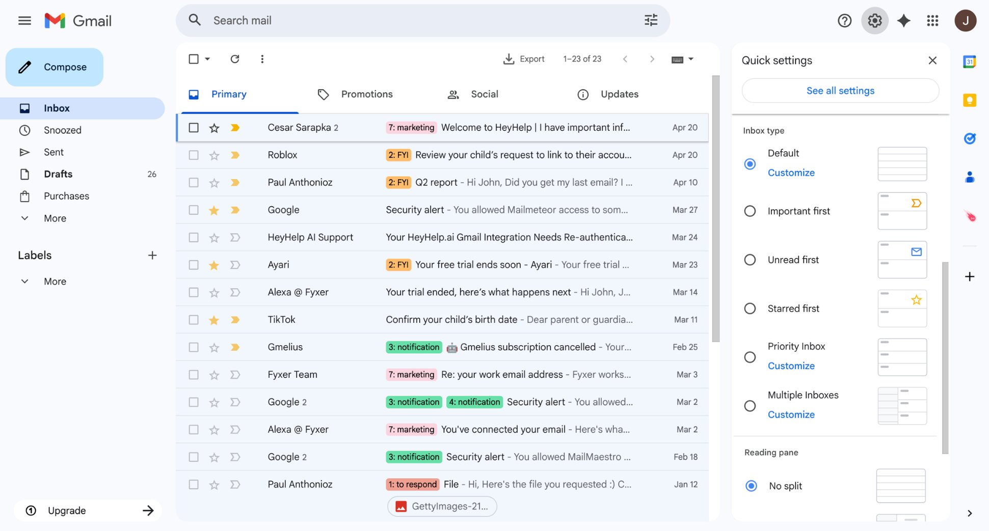 Gmail inbox settings showing Priority Inbox selected under Inbox type