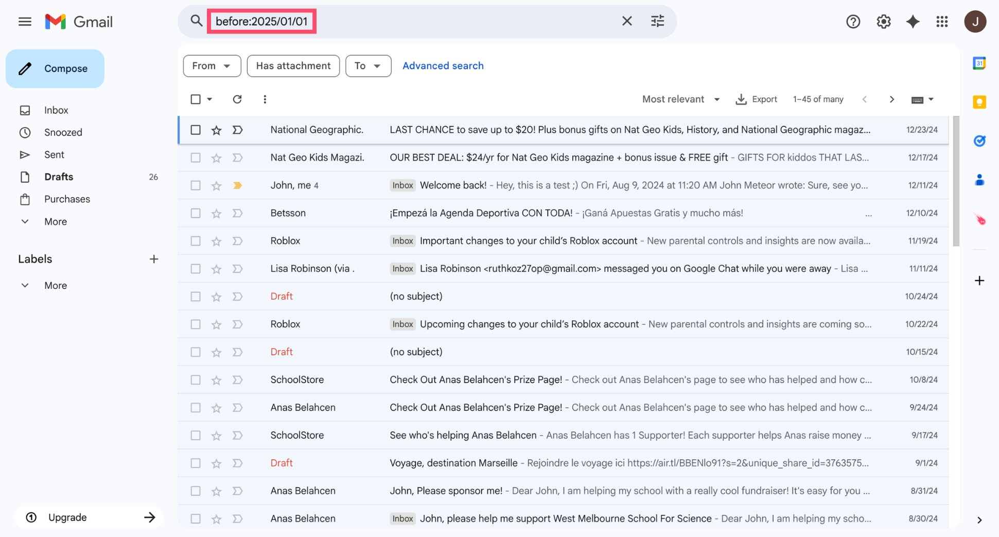 Gmail search bar showing the before:2025/01/01 operator