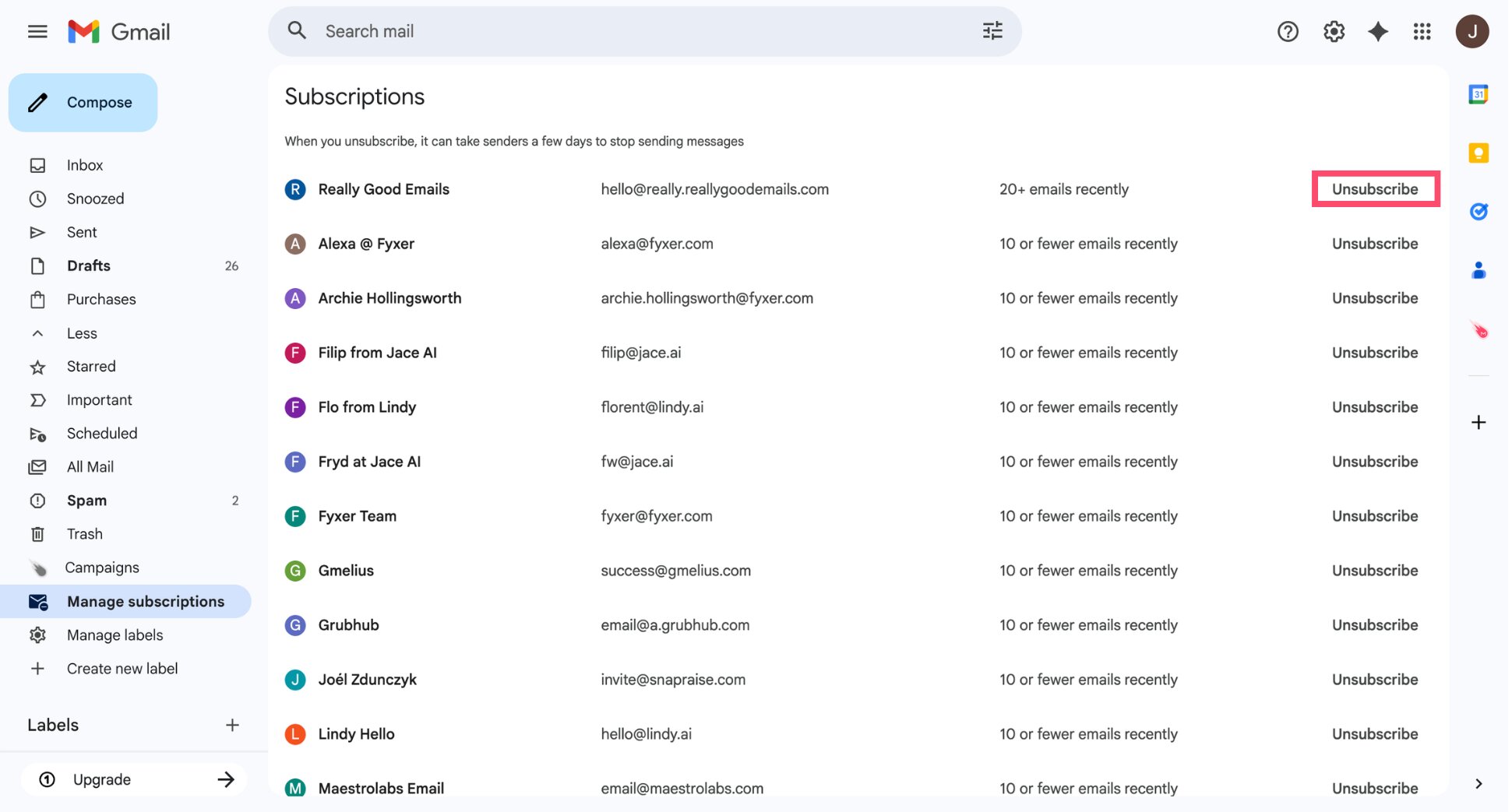 Gmail Manage subscriptions panel showing a list of active senders with Unsubscribe buttons