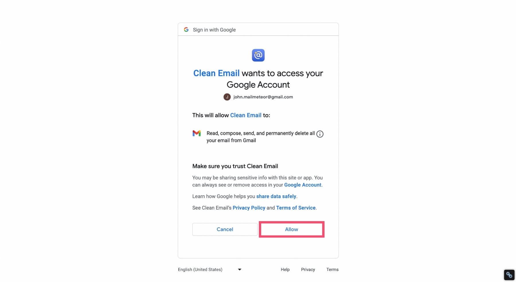 Let Clean Email access your inbox