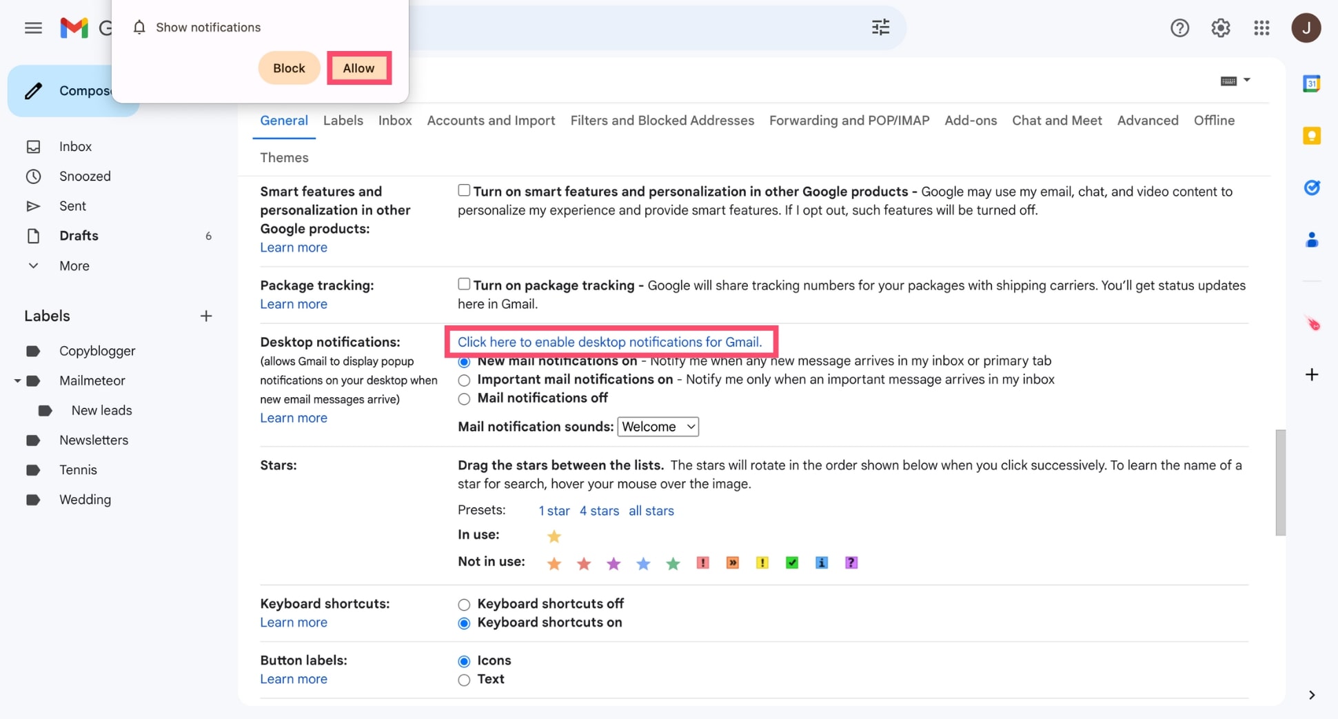 Allow desktop notifications for Gmail