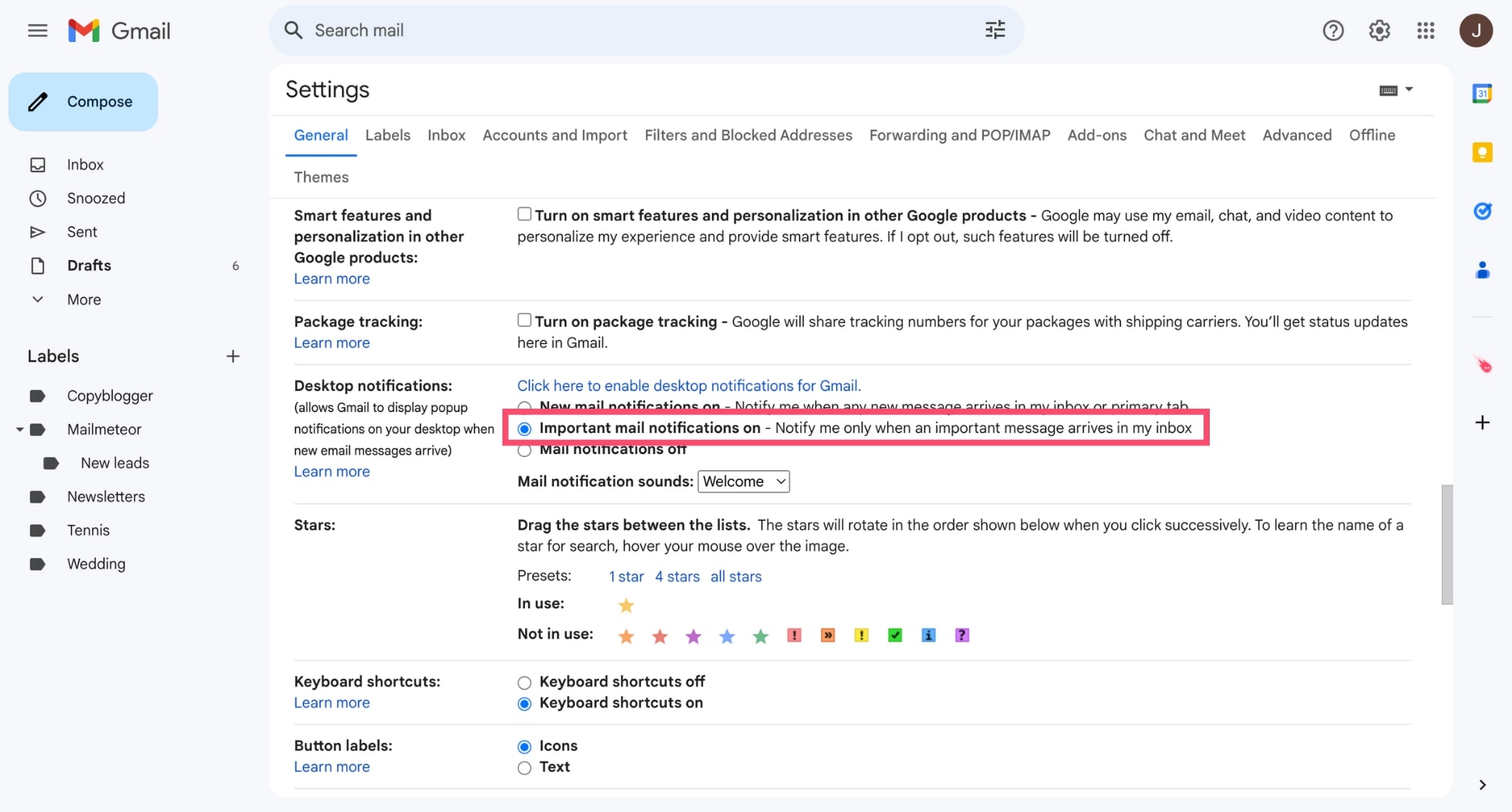 Turn on Gmail notifications for important emails only