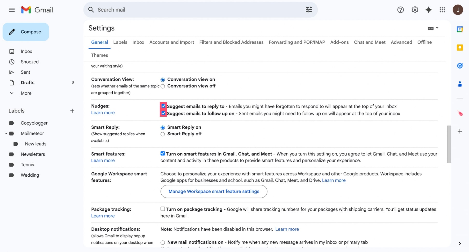 Gmail Nudges settings showing two checkboxes for reply and follow-up nudges