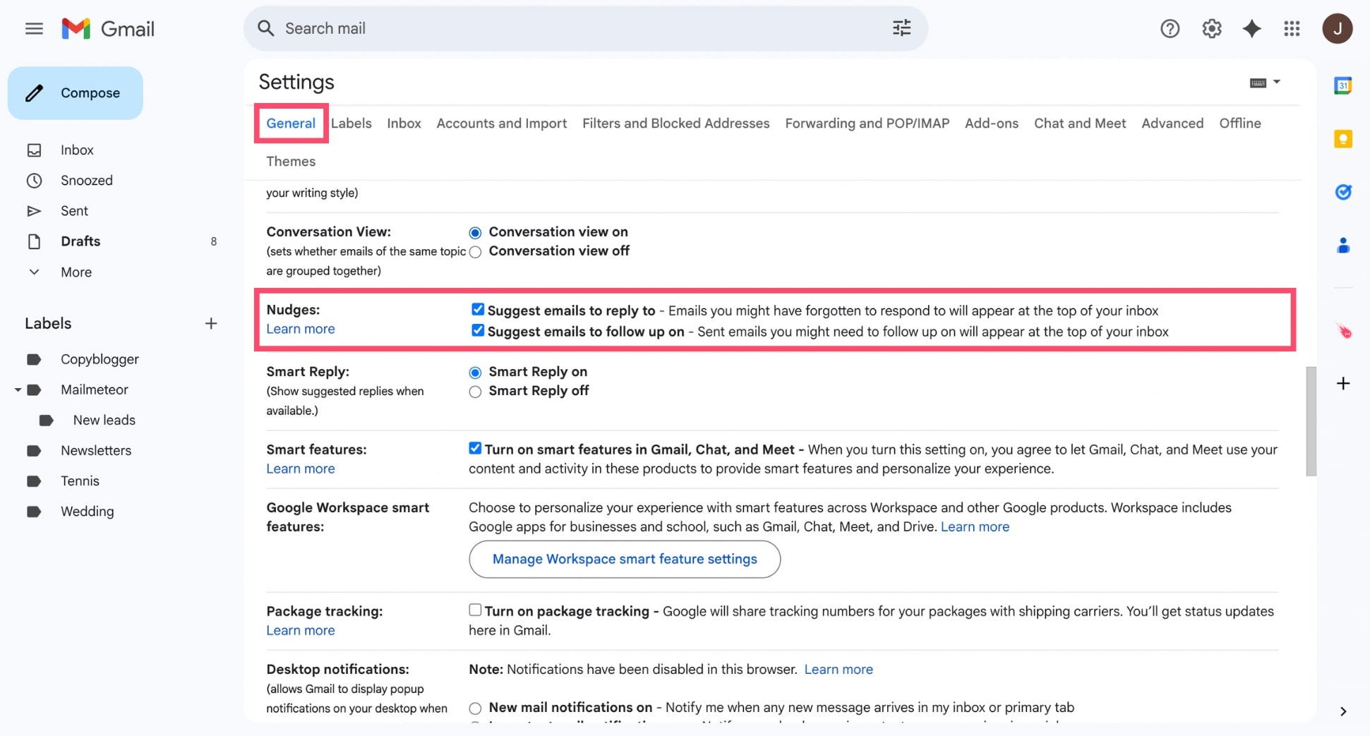 Gmail General settings tab with the Nudges section visible