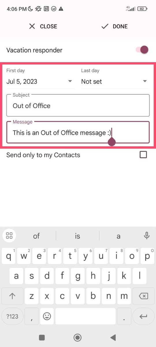 Out-of-Office message in the Gmail app