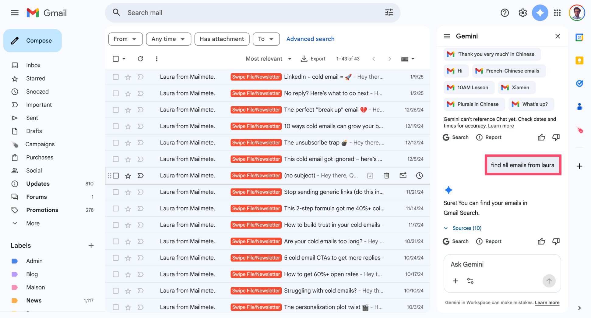 Using Gemini in Gmail to search emails with a natural language request